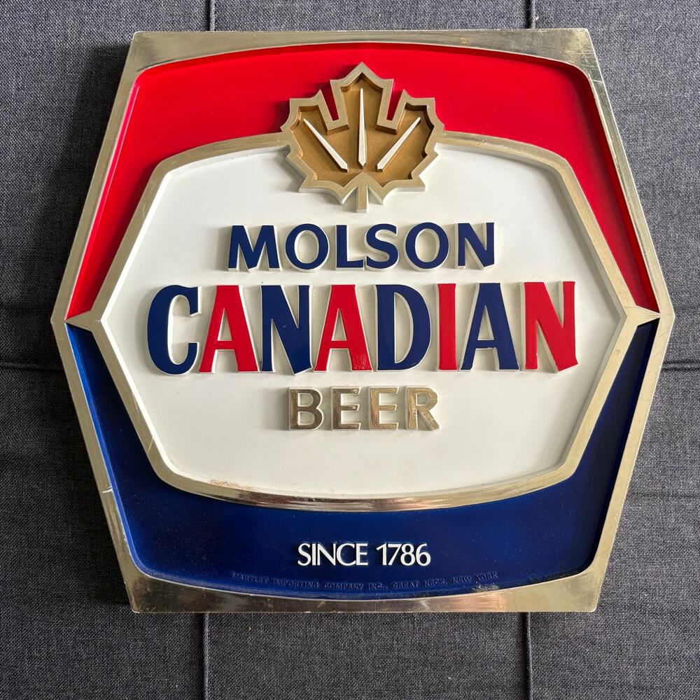 Molson Canadian Beer Sign Vintage 3-D Molded Plastic Bar Sign Hexagon - 1980s